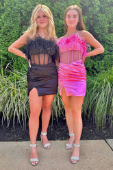 Black Homecoming Dress Corset Satin Tight Short Prom Dress with Feathers